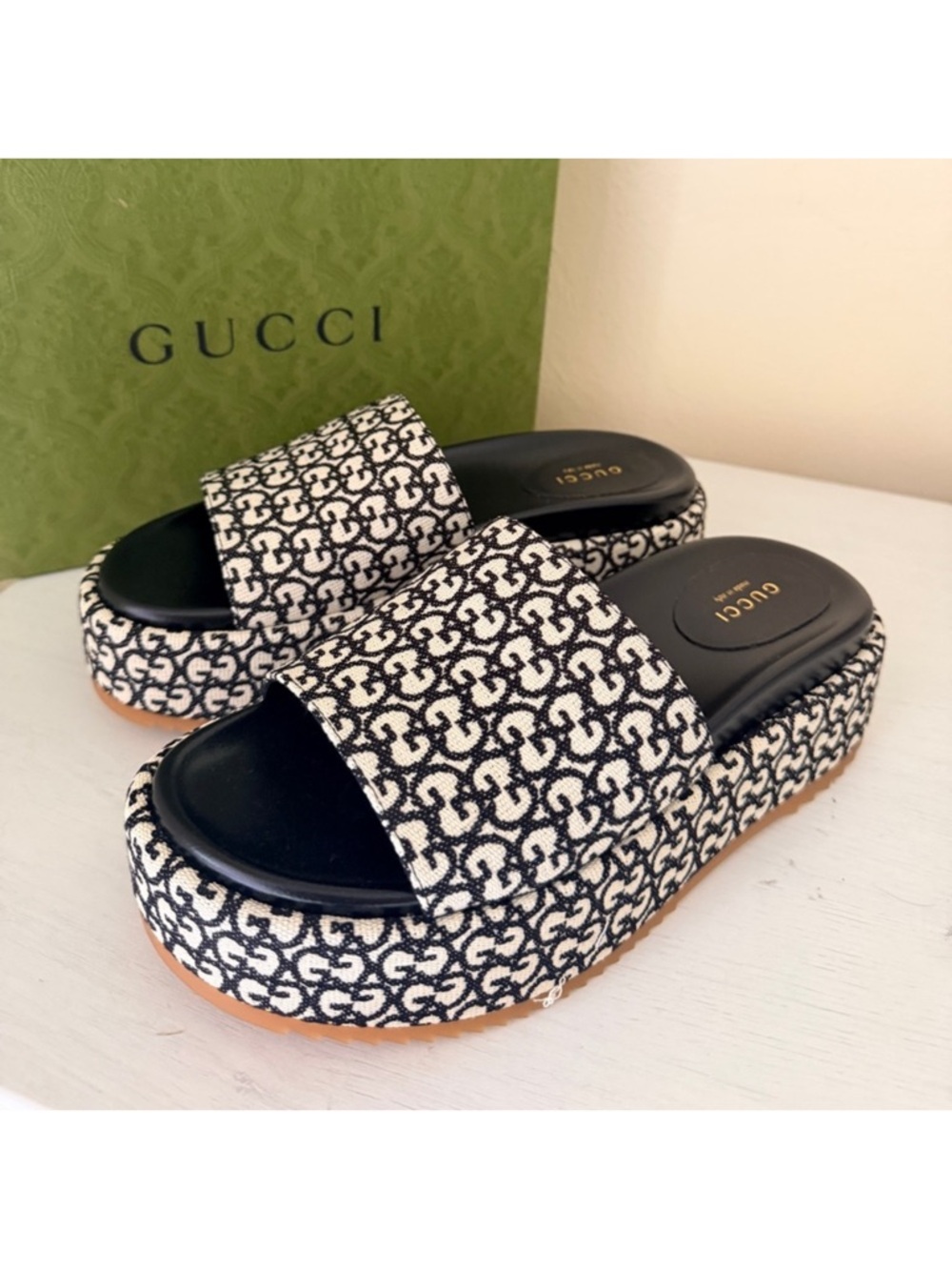 Gucci Black and White GG monogram Platform Slides current and priced to sell
